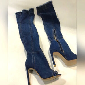 Denim Thigh High Peep Toe Stiletto Boots, Sz 5.5, NWT